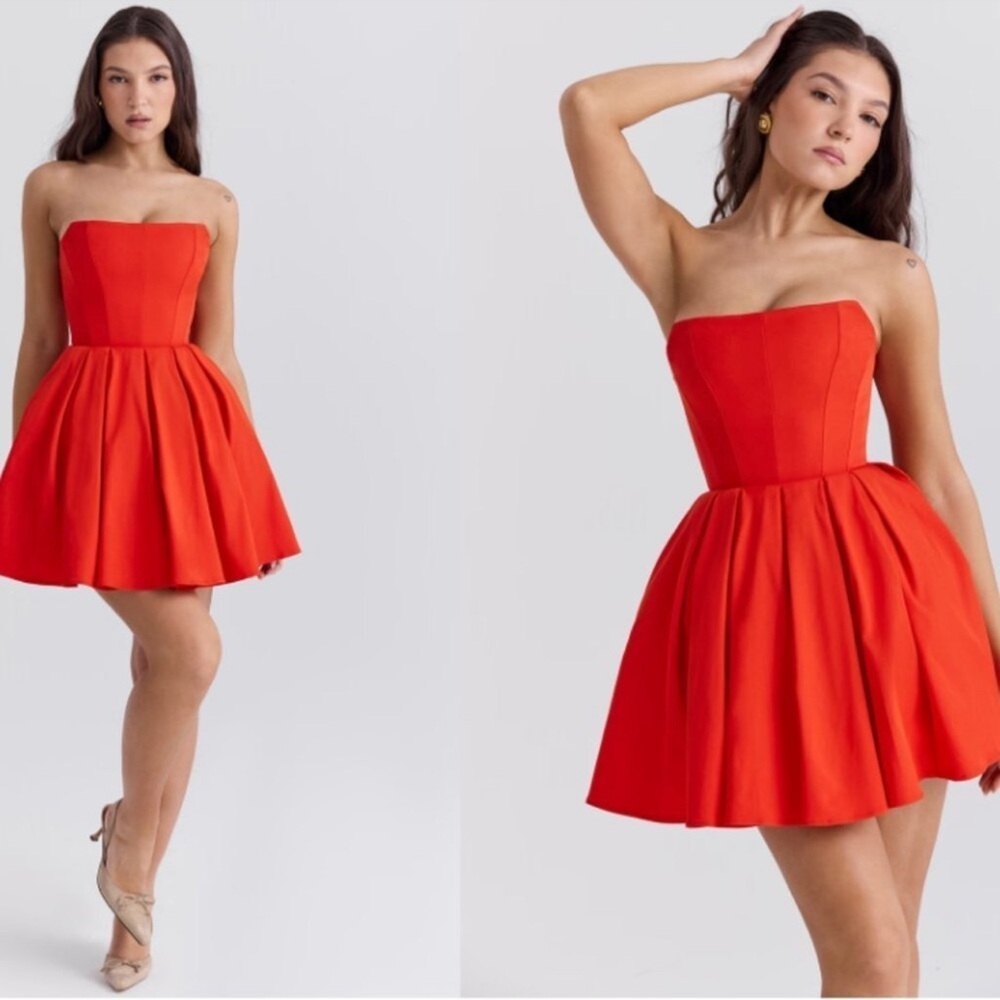 NWOT House of Cb Emmanuela red Tomato Strapless Corset Fit & Flare Mini sz XS